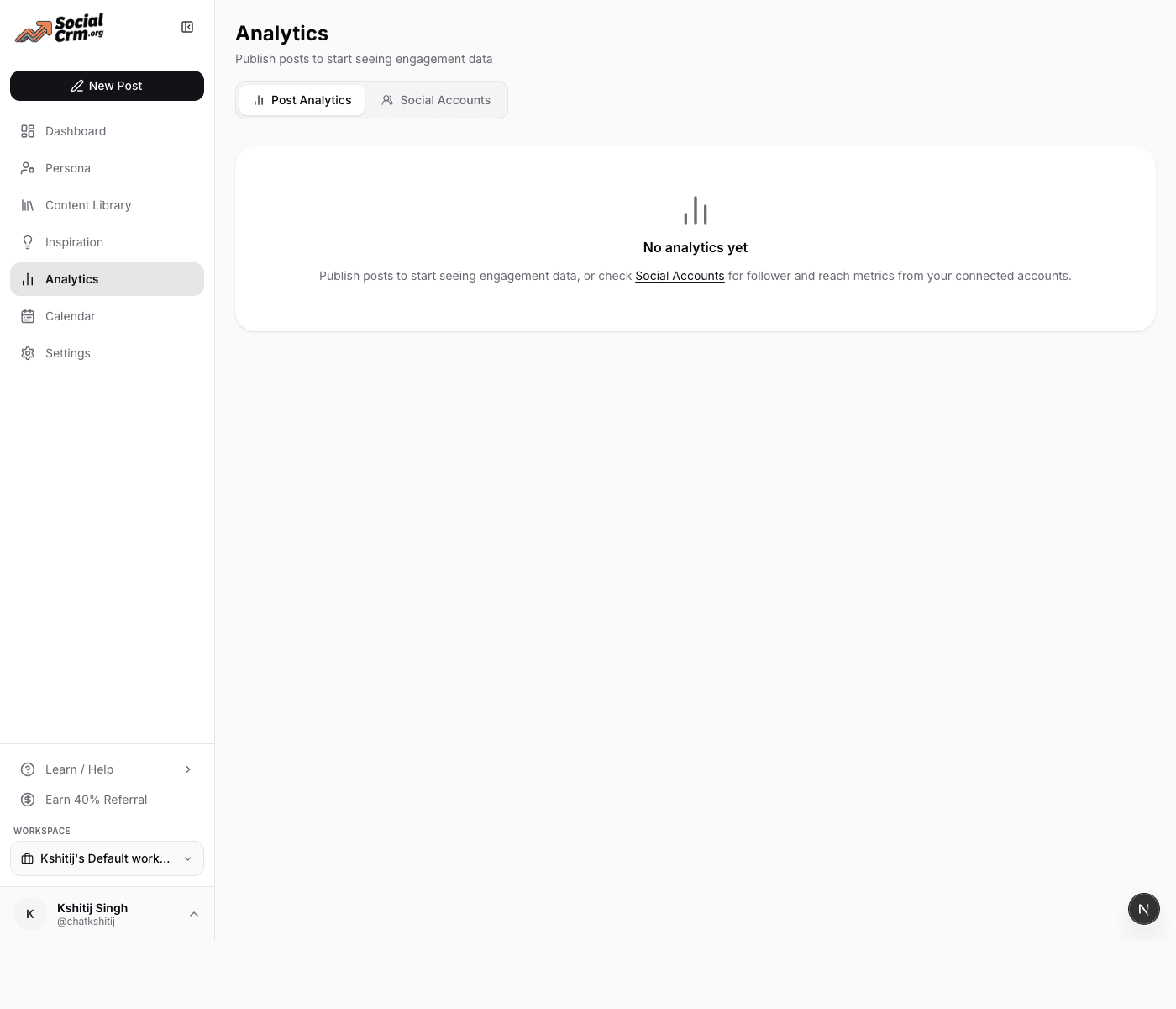 Analytics empty state prompting the user to publish posts or check social account metrics