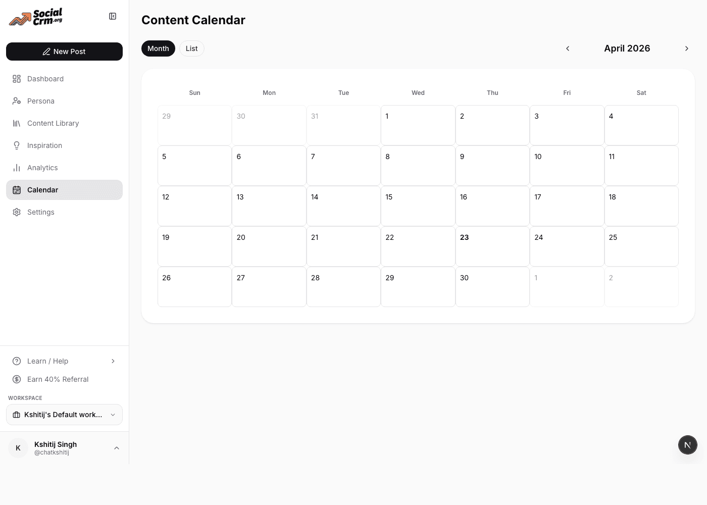 Content calendar month view with weekday grid
