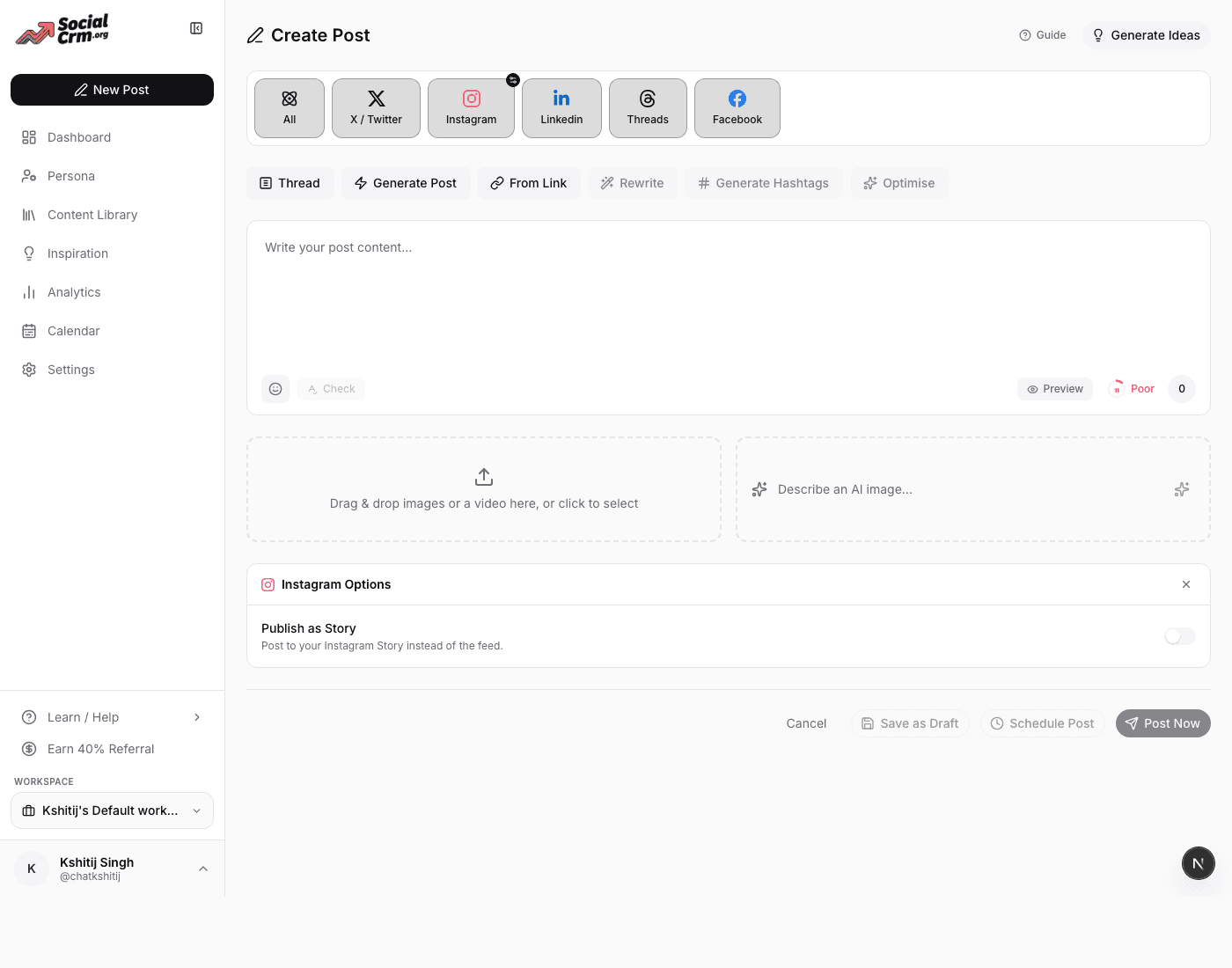 Create Post composer with platform picker, AI action buttons, text area, and media upload