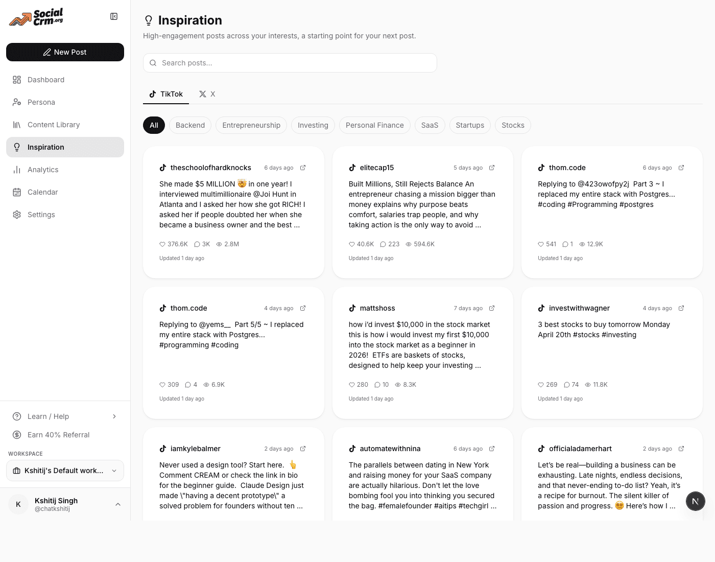 Inspiration page with trending cards across TikTok, research, entrepreneurship, and personal finance