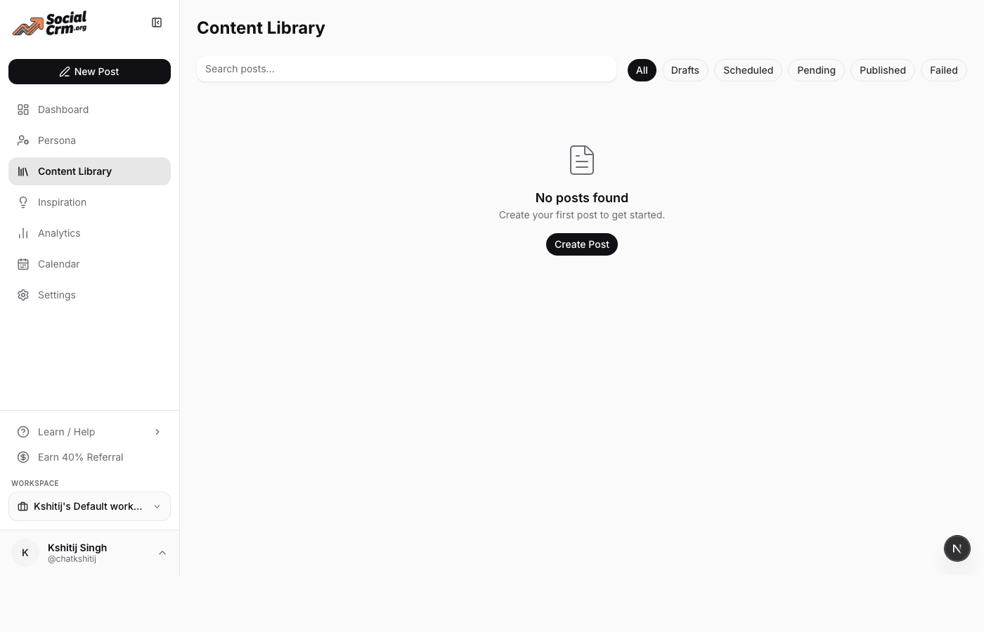 Content library listing with filters for status, platform, and date