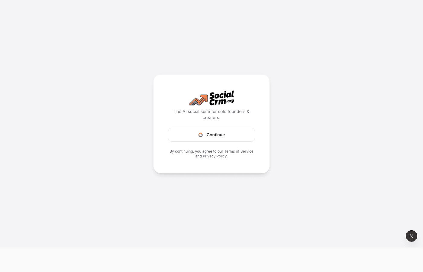 SocialCRM sign-in screen with Continue button