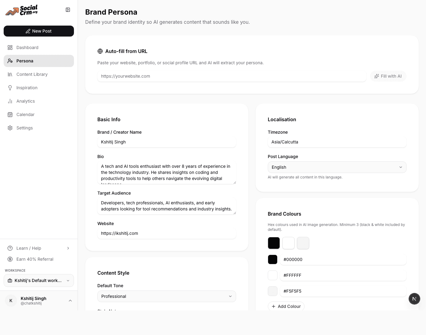 Brand Persona page with auto-fill from URL, basic info, content style, and brand colours