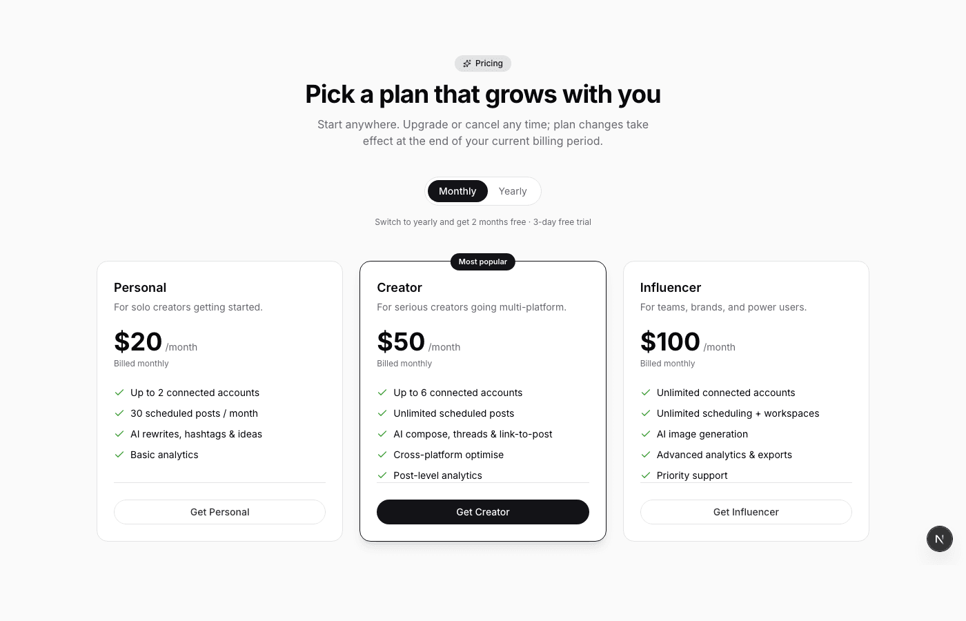 SocialCRM pricing page with three plan cards