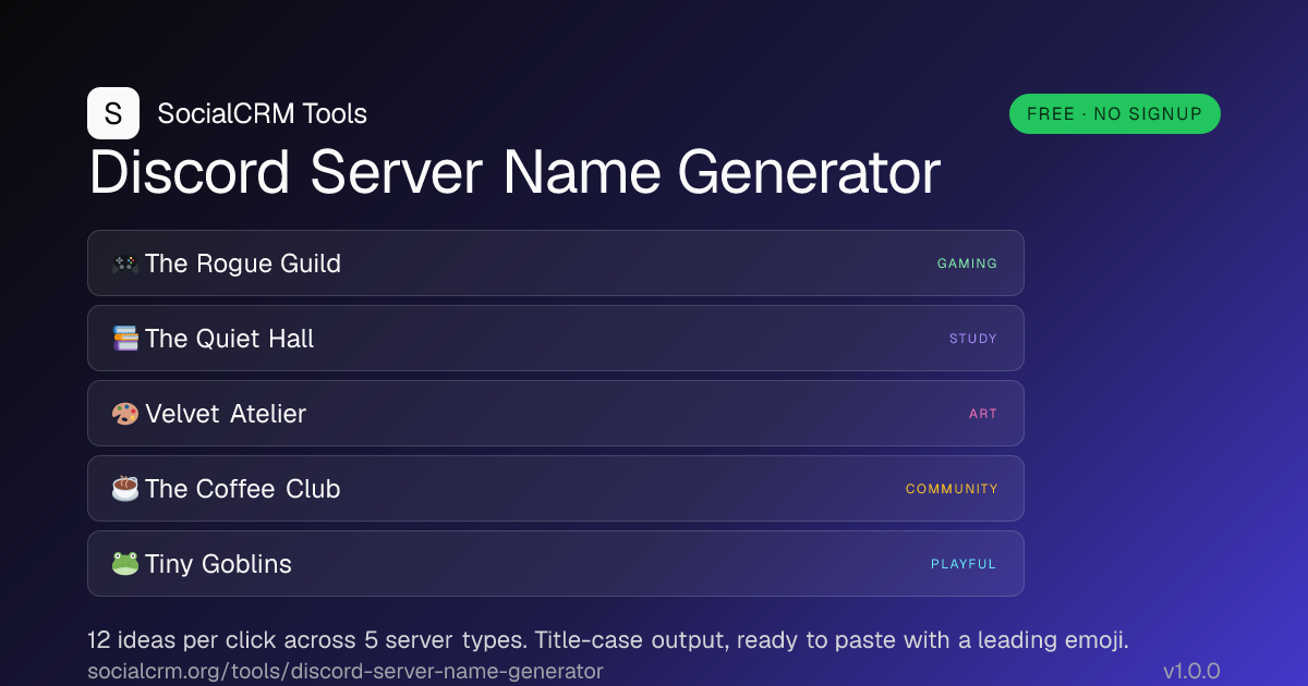 Discord Server Name Generator: Title-case server names tuned for the way Discord communities actually organise - guilds, study halls, art salons, hobby clubs, chaos servers.
