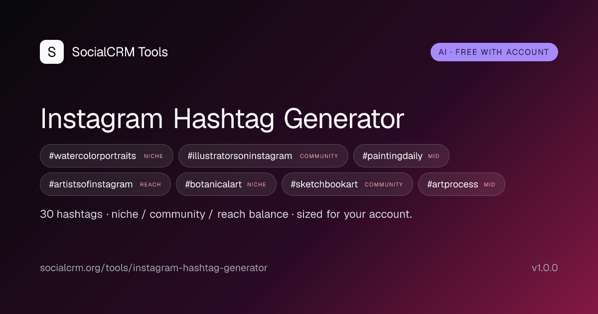 Instagram Hashtag Generator: AI Instagram hashtags by niche, post type, audience size. 30-tag balanced mix per request. Free with a SocialCRM account.