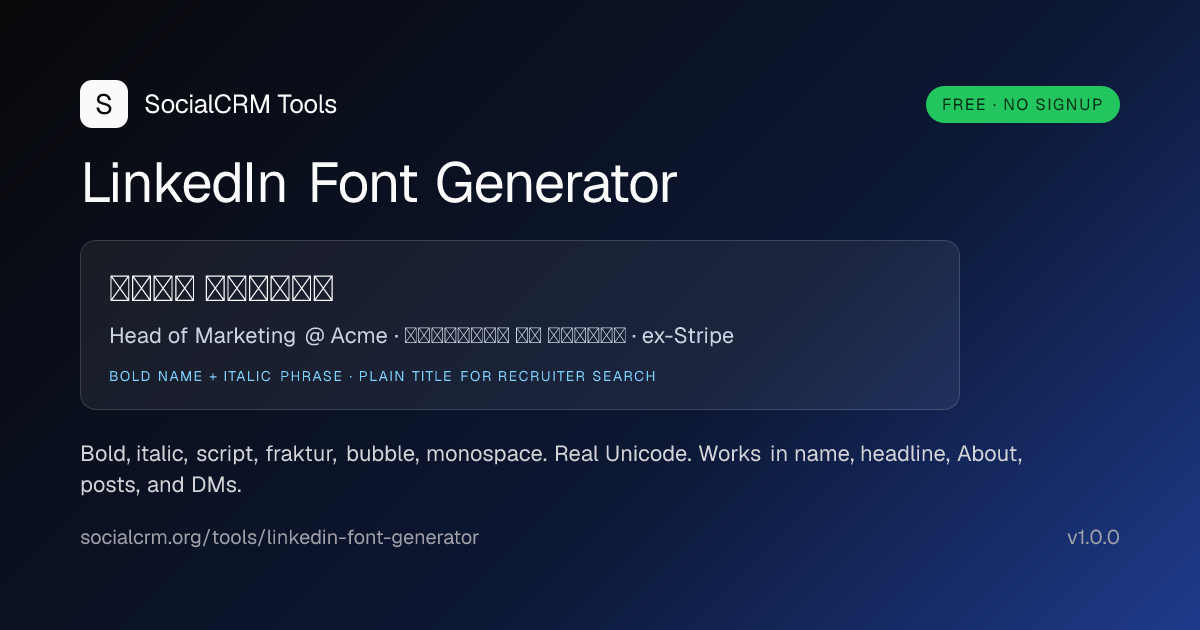 LinkedIn Font Generator: Convert text into bold, italic, script, fraktur, bubble, and monospace Unicode for LinkedIn names, headlines, and posts. Real Unicode, copy and paste.