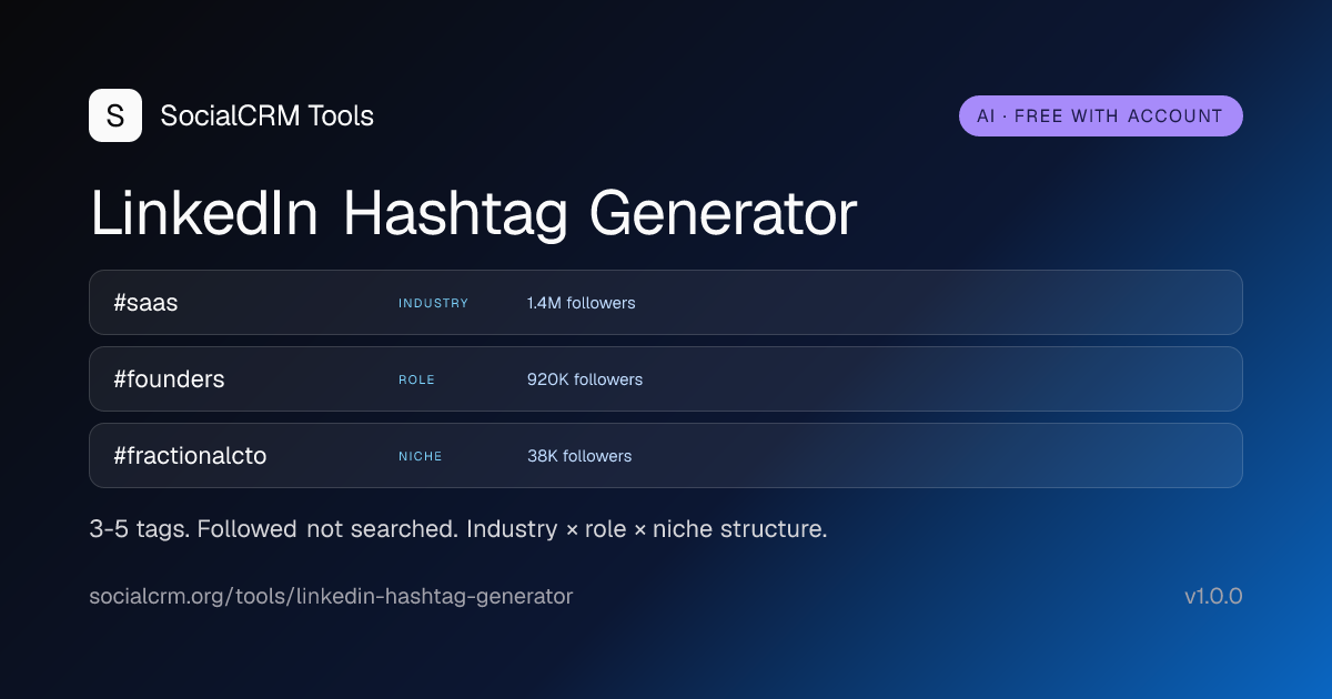 LinkedIn Hashtag Generator: AI LinkedIn hashtags by topic and audience. 3-5 professional tags per request. Free with a SocialCRM account.