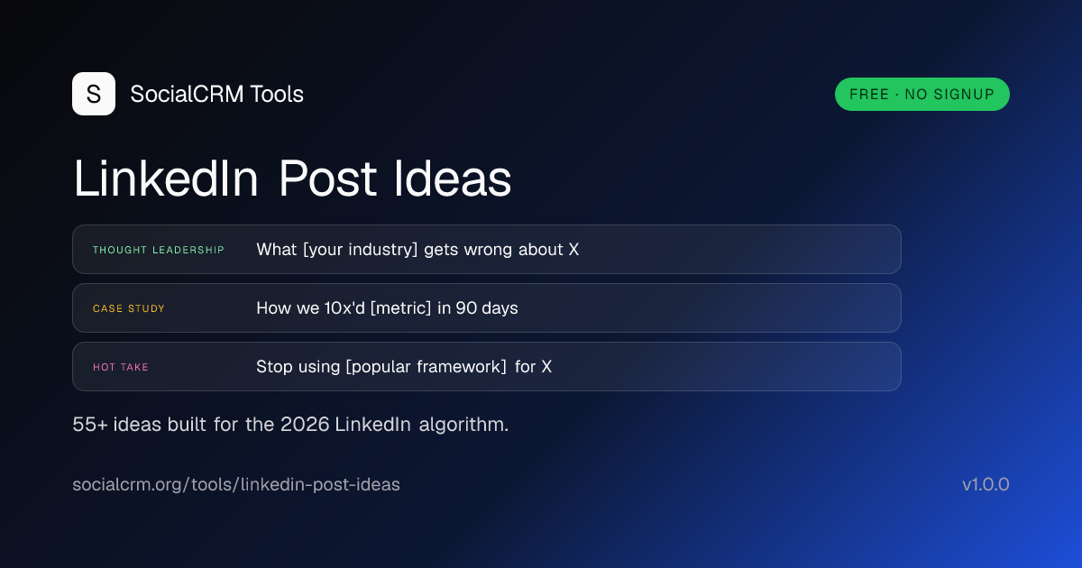 LinkedIn Post Ideas: 55+ LinkedIn post ideas across 5 formats - thought leadership, case study, lesson, hiring, hot take.