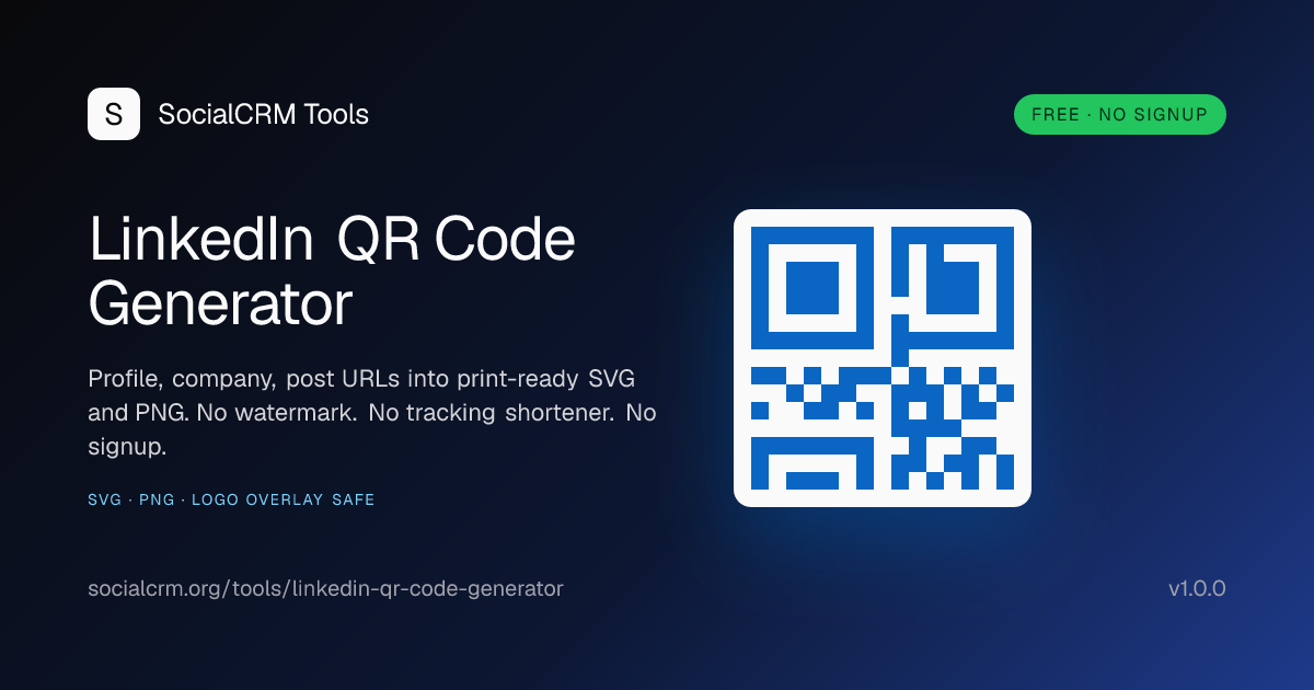 LinkedIn QR Code Generator: Paste a LinkedIn profile, company, or post URL and get a high-resolution QR code. SVG + PNG download, custom colours, no watermark.