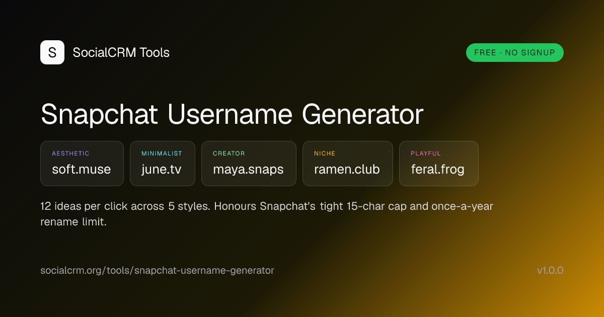 Snapchat Username Generator: Snapchat caps usernames at 15 chars - the tightest on the internet. This generator picks handles inside the cap, with the once-a-year rename respected.