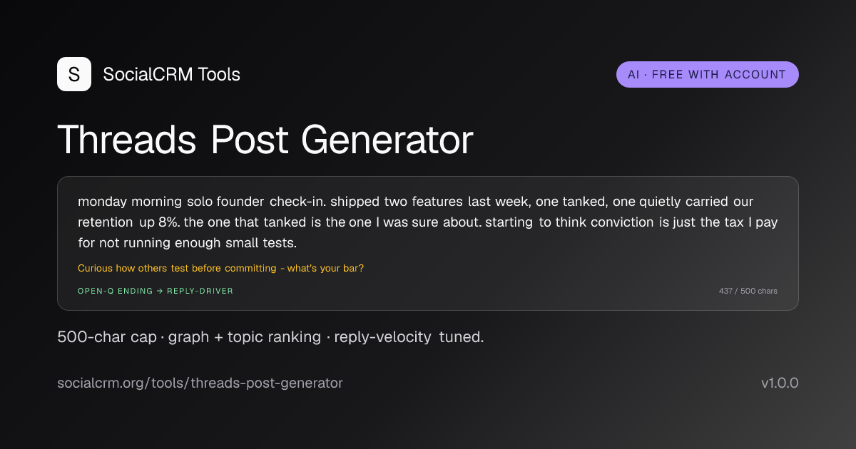 Threads Post Generator: AI Threads posts by topic and tone. 1-5 conversational drafts per request. Free with a SocialCRM account.