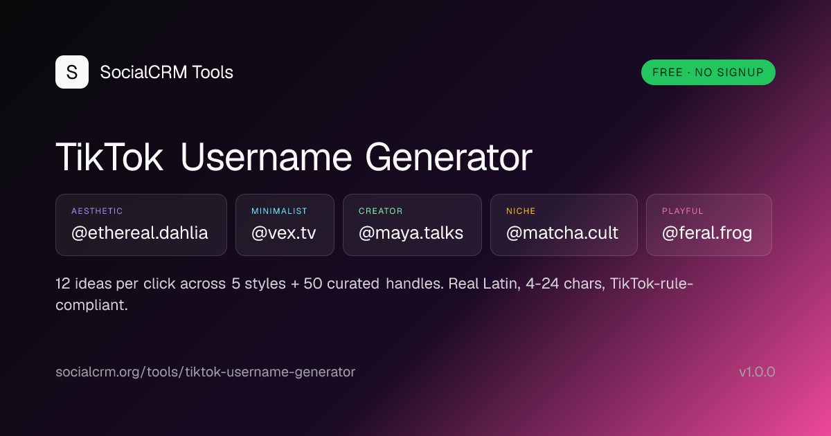TikTok Username Generator: Pick a TikTok @ that lands when viewers search for you after a viral FYP push: 5 styles inside the 4-24 char window, 30-day rename respected.