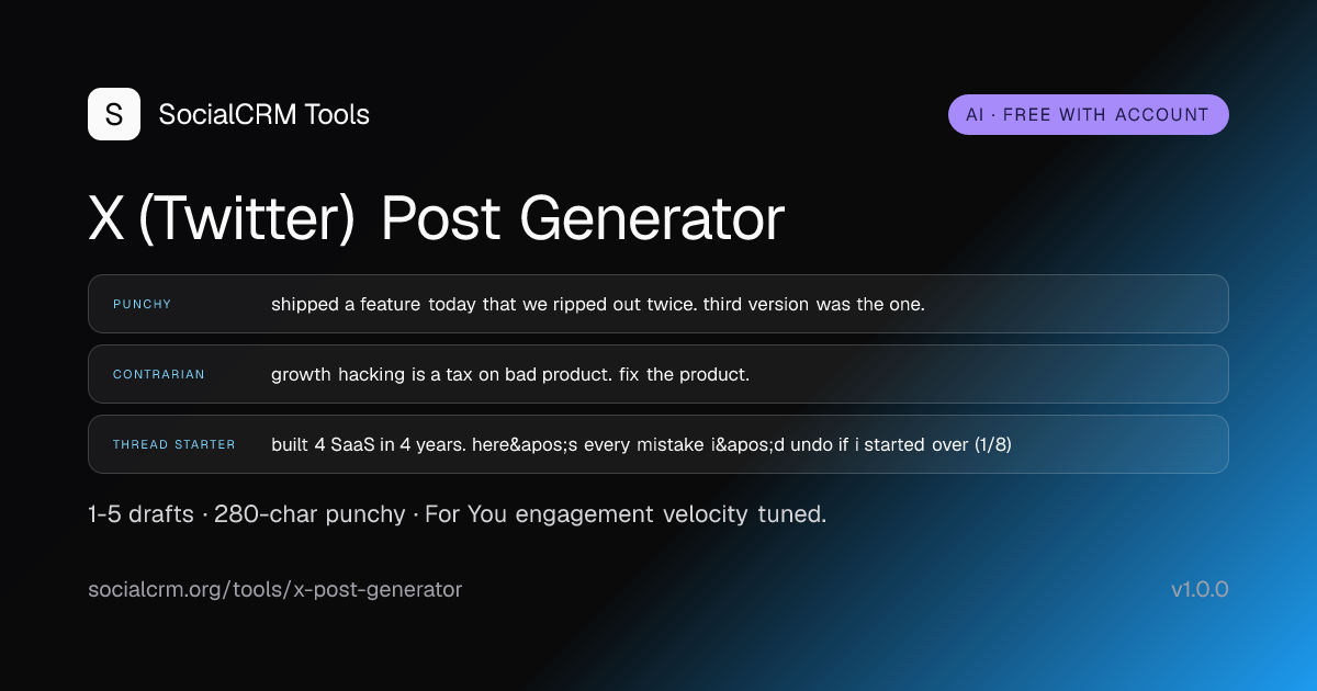 X (Twitter) Post Generator: AI X / Twitter posts by topic, tone, format. 1-5 single tweets or thread starters per request. Free with a SocialCRM account.