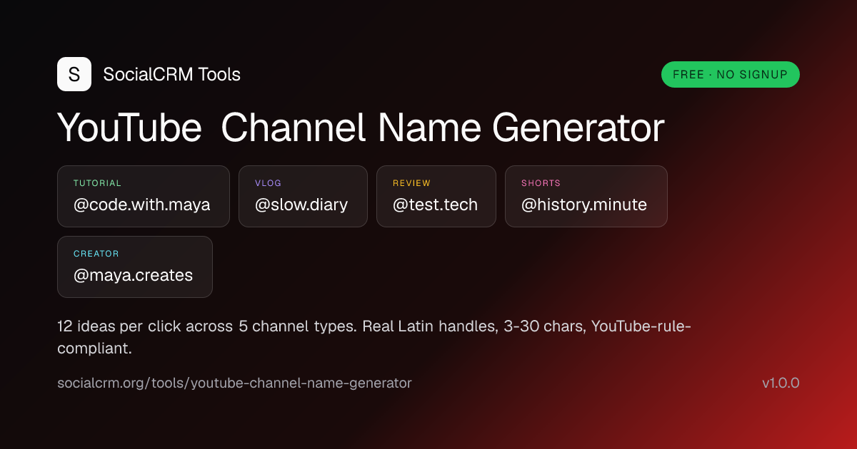 YouTube Channel Name Generator: Channel-type-driven YouTube handle picker (tutorial, vlog, review, shorts, creator) - leads with the topic keyword to lift CTR in search results.
