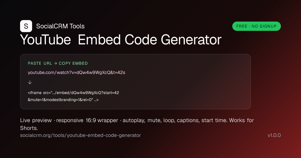 YouTube Embed Code Generator: Paste a YouTube URL, pick autoplay / mute / loop / start time / captions, copy a clean responsive iframe ready to paste into any blog or landing page.