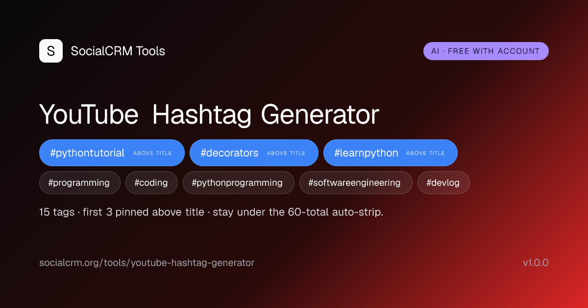 YouTube Hashtag Generator: AI YouTube hashtags by topic and format. Up to 15 tags per request with the 3 above-title hashtags flagged. Free with a SocialCRM account.